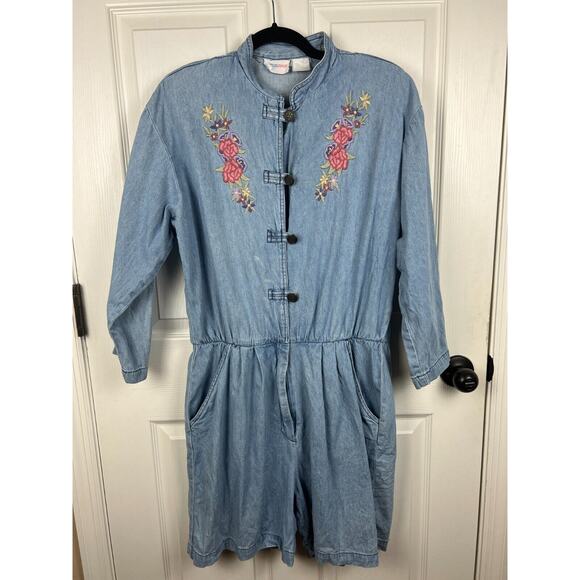 80s long sleeve denim jean embroidered boho romper one piece Large Boho - Picture 7 of 8